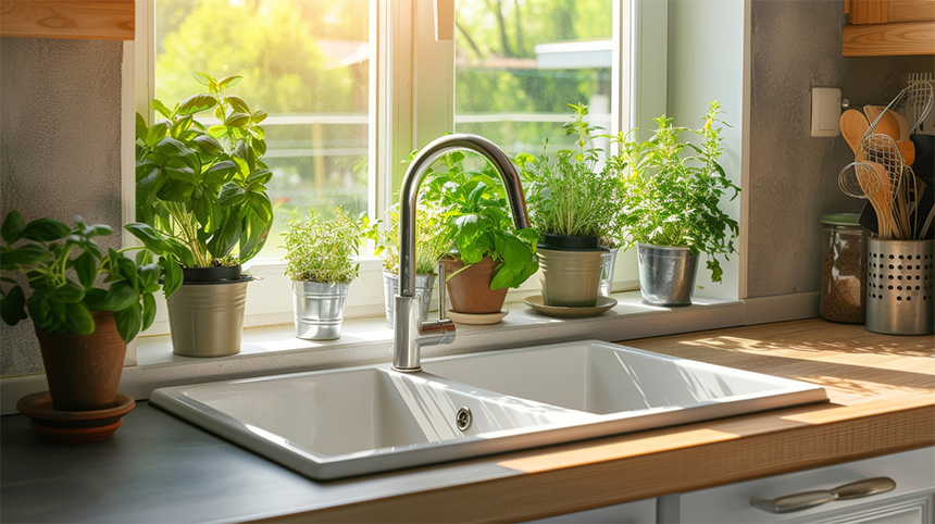 A kitchen sink with a silver faucet surrounded by potted plants on a sunny windowsill.