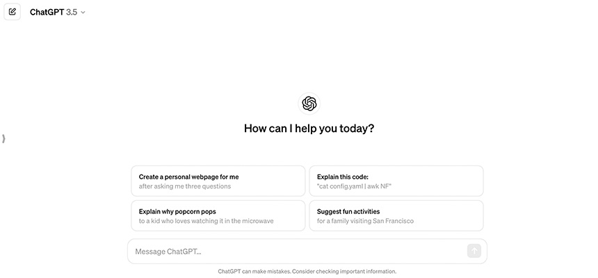 ChatGPT 3.5 user interface with example prompts and input field.