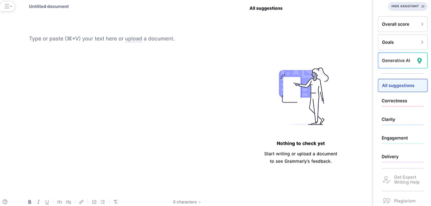 Document editing interface with empty content area and sidebar options.