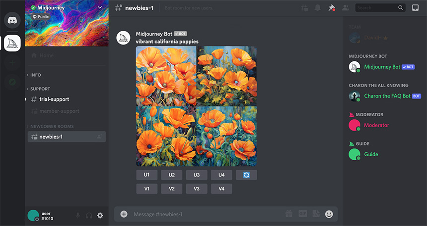 Discord screenshot of a bot displaying four images of vibrant California poppies.