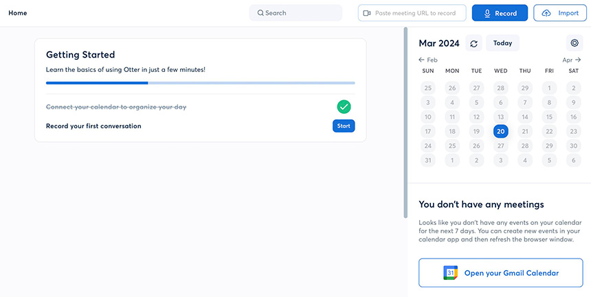 A digital interface with a getting started guide and a March 2024 calendar.