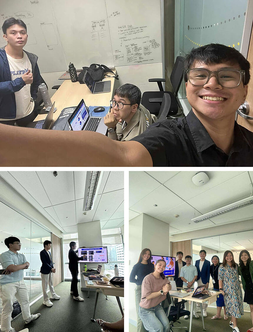 A photo collage showing interns brainstorming and later presenting their project slides to marketing leaders