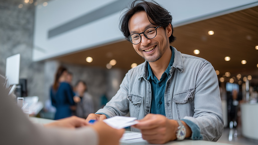 Smiling man submitting documents at a service counter