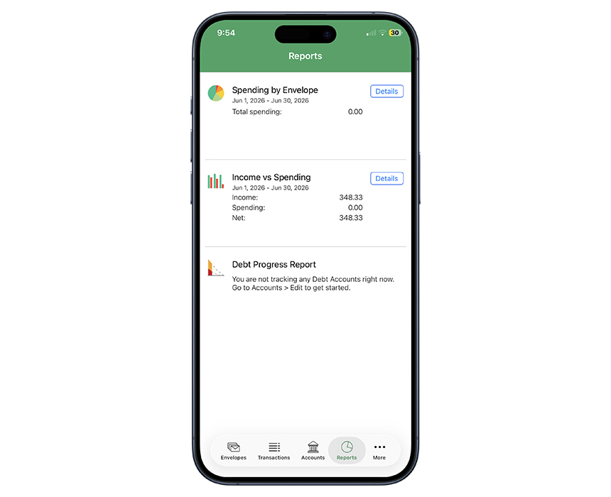 Goodbudget reports dashboard showing spending, income, and debt tracking.