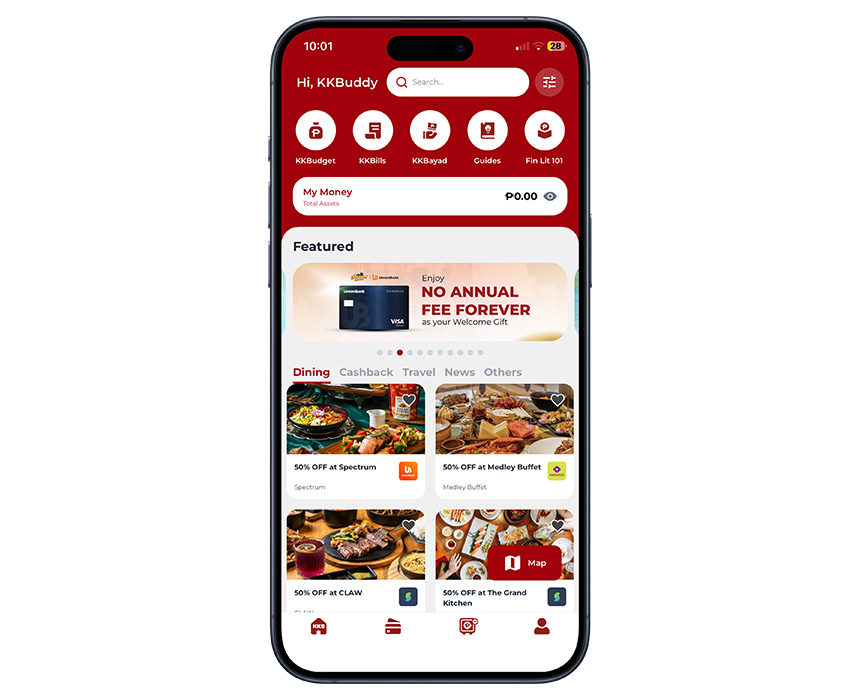 KasKasan Buddies app showing budgeting services, bill reminders, and exclusive deals.