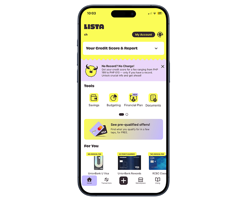 Lista app dashboard showing credit score function, budgeting features, and financial offers.