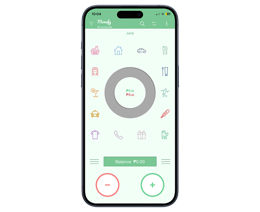 Monefy app dashboard showing expense categories and a visual spending tracker.