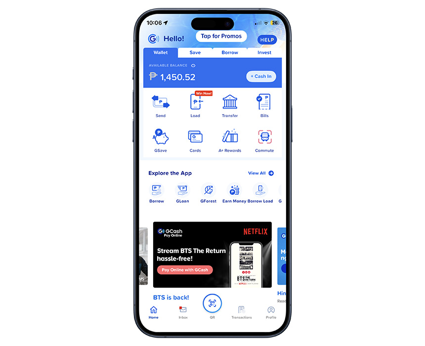 GCash app home screen showing digital wallet, savings, bill payments, and investment features.