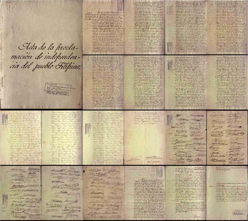 Original manuscript of the Act of the Declaration of Philippine Independence displayed across multiple pages.