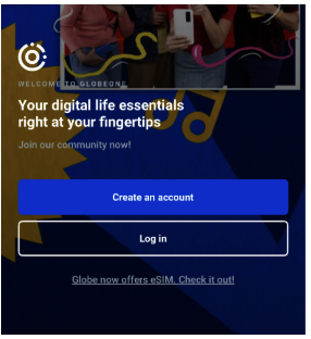 GlobeOne app home screen with “Create an account” and “Log in” buttons on the homepage.