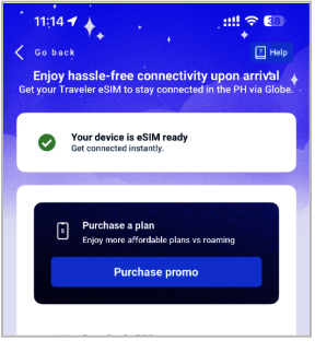 GlobeOne app screen confirming eSIM-ready device with “Purchase promo” button for traveler plans.