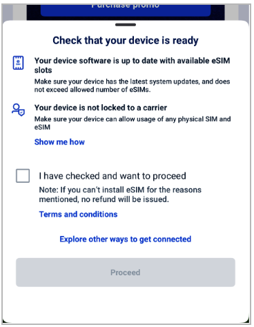GlobeOne app screen checking device readiness, eSIM slot availability and carrier unlock status.
